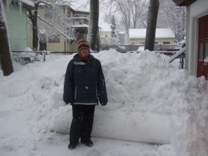 Nepalese hat comes in handy for shoveling Boston snow.