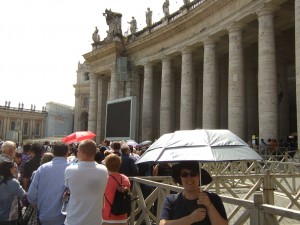 In line to enter the Vatican with my superior UV Blocker umbrella, keeping the damaging rays off my face and shading me from the hot Roman sun.