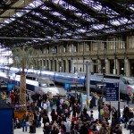 Crowds awaiting the TGVs heading south for ski trips in the Alps.