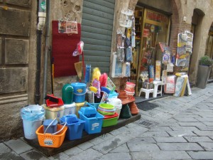 Plastic buckets in Albenga. Italians love plastic buckets.