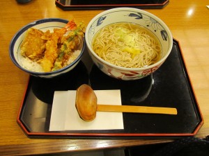 And here's what what got. Tempura and soba noodle soup. Delicious "lunch set" menu, which including iced tea is about $8 (750 Yen). This is in the basement of Sunshine City shopping center in Ikebukura.