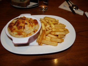 Cottage pie topped with mashed potatoes, and in Ireland everything comes with chips!