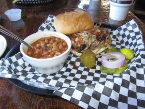 Pulled pork and beans at The Smokey Pokey, authentic pit bbq just off the highway near Stillwater, OK.